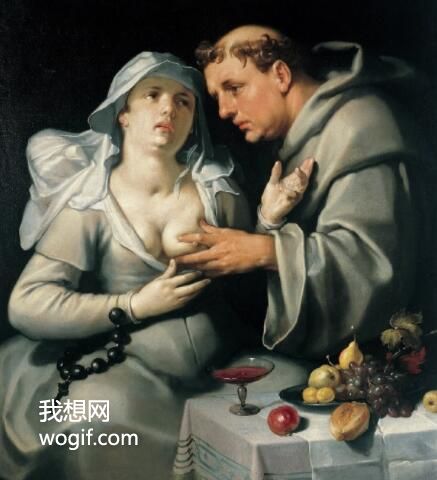 荷蘭畫(huà)家《僧侶與修女》無(wú)馬賽克圖：捏胸部看乳汁流出，可判斷否懷孕